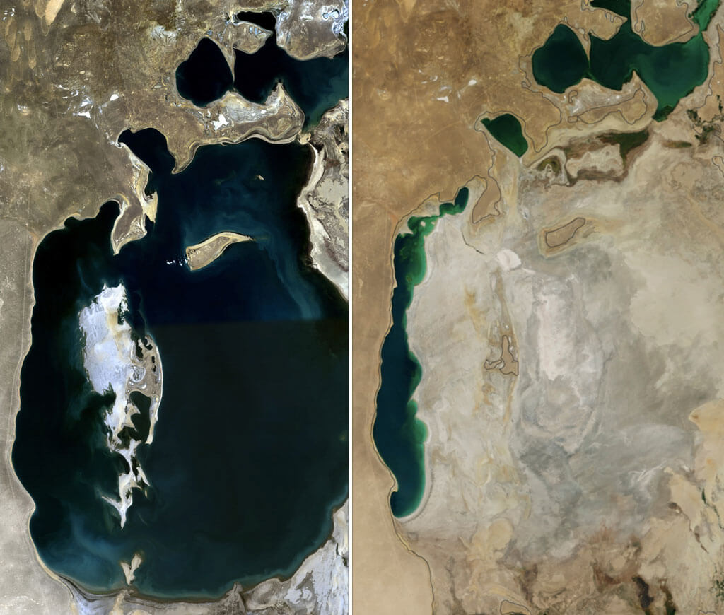 The Aral Sea in 1989 (left) and 2014 (right)