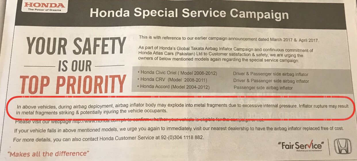 Honda re-calls vehicles due to possible Air bag malfunctioning